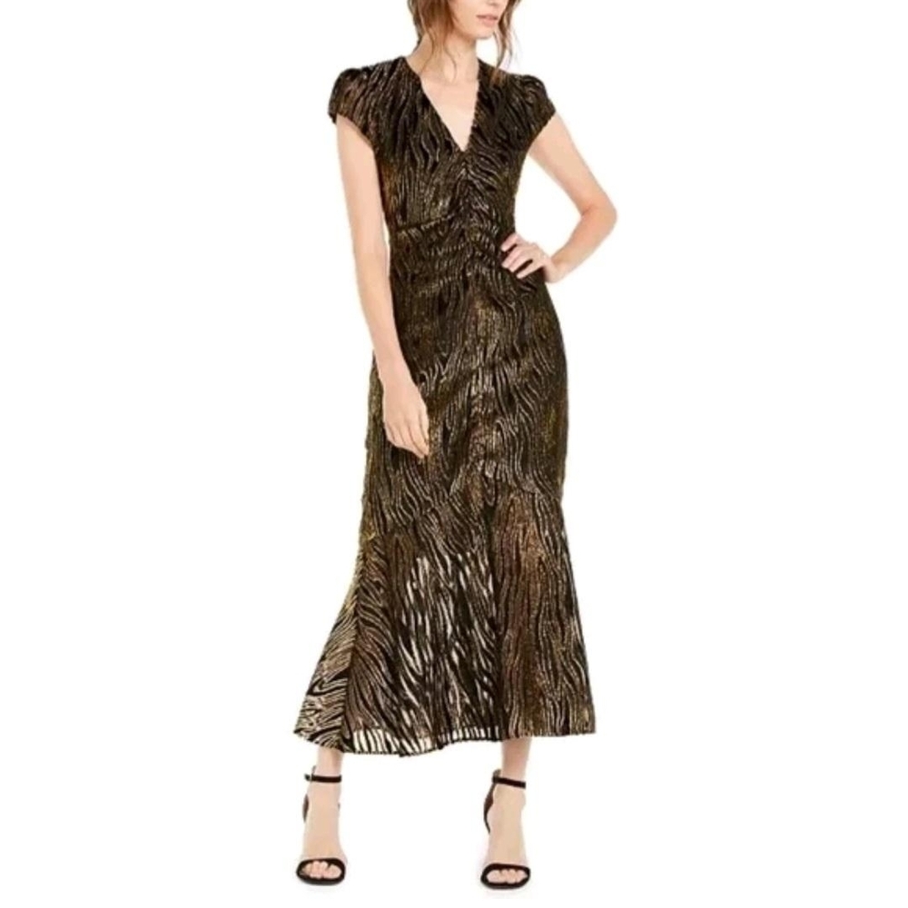 Rachel ZOE Elegant Goldie METALLIC Midi Zebra Print Dress. Size 12